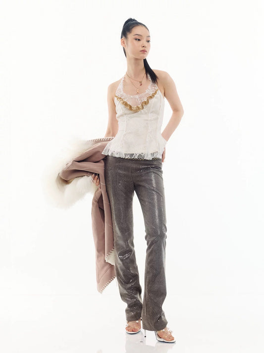 Ruffled Tie-front Beaded Lace Halter Top