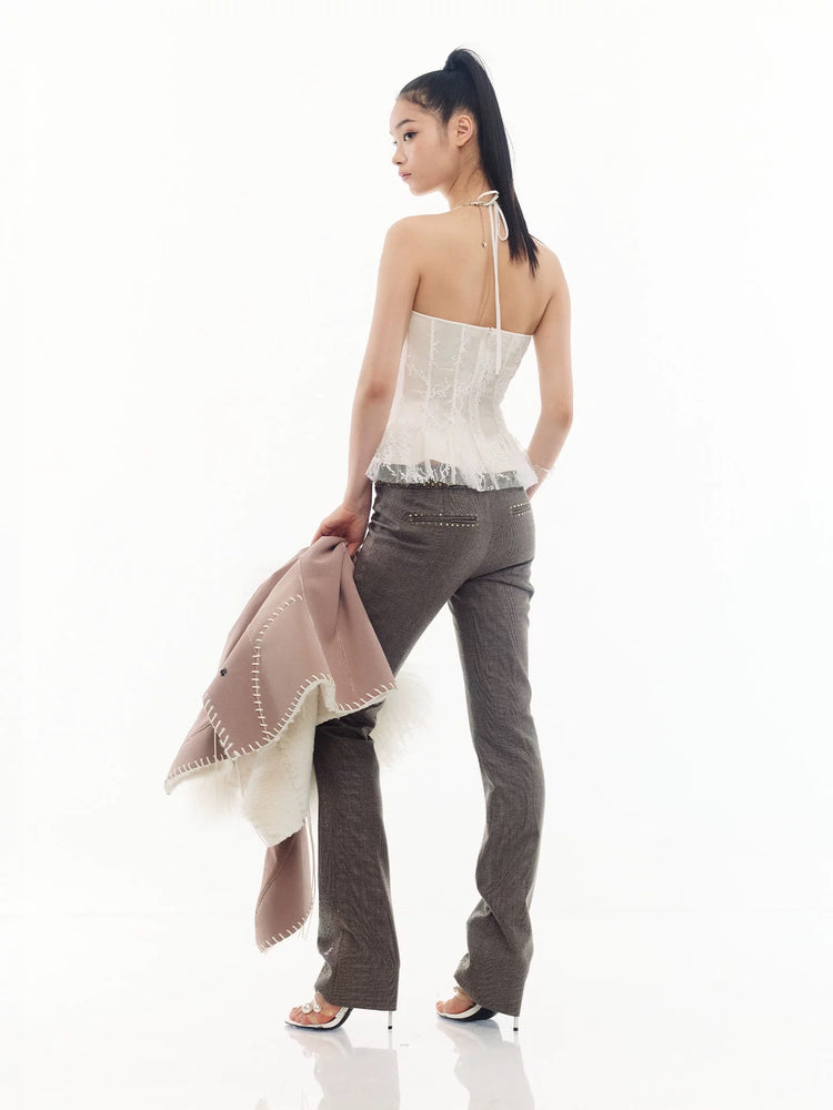 Ruffled Tie-front Beaded Lace Halter Top