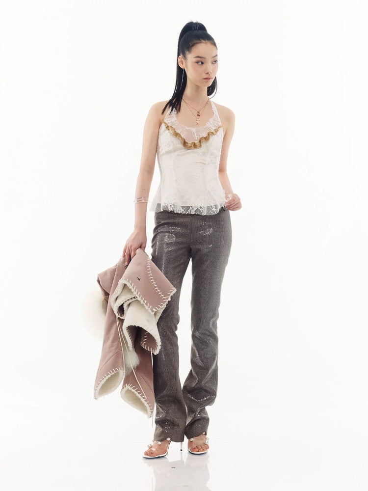 Ruffled Tie-front Beaded Lace Halter Top