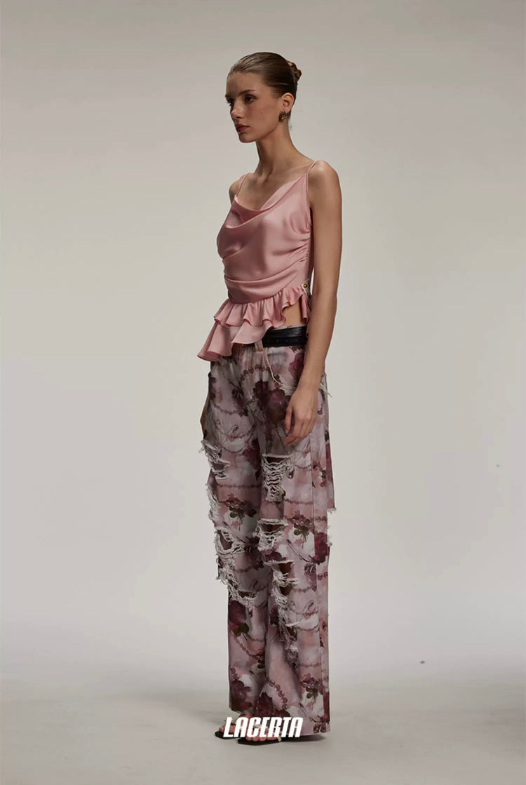 Satin Lace Cowl-neck Cami Top