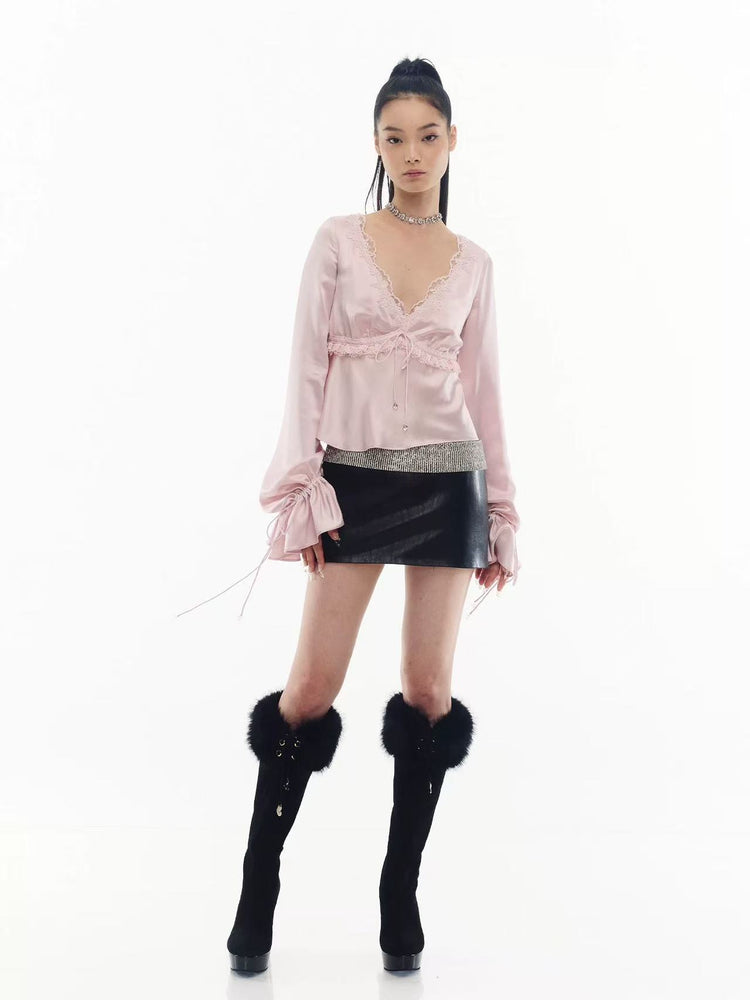 Rhinestone Chain–Embellished Faux Leather Skirt