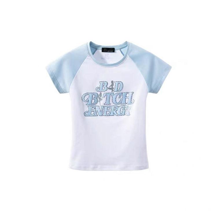 Rhinestone-Embellished Printed Raglan Top