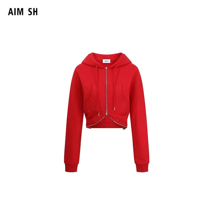 Waist-Cinching Double-Zipper Hooded Sweatshirt