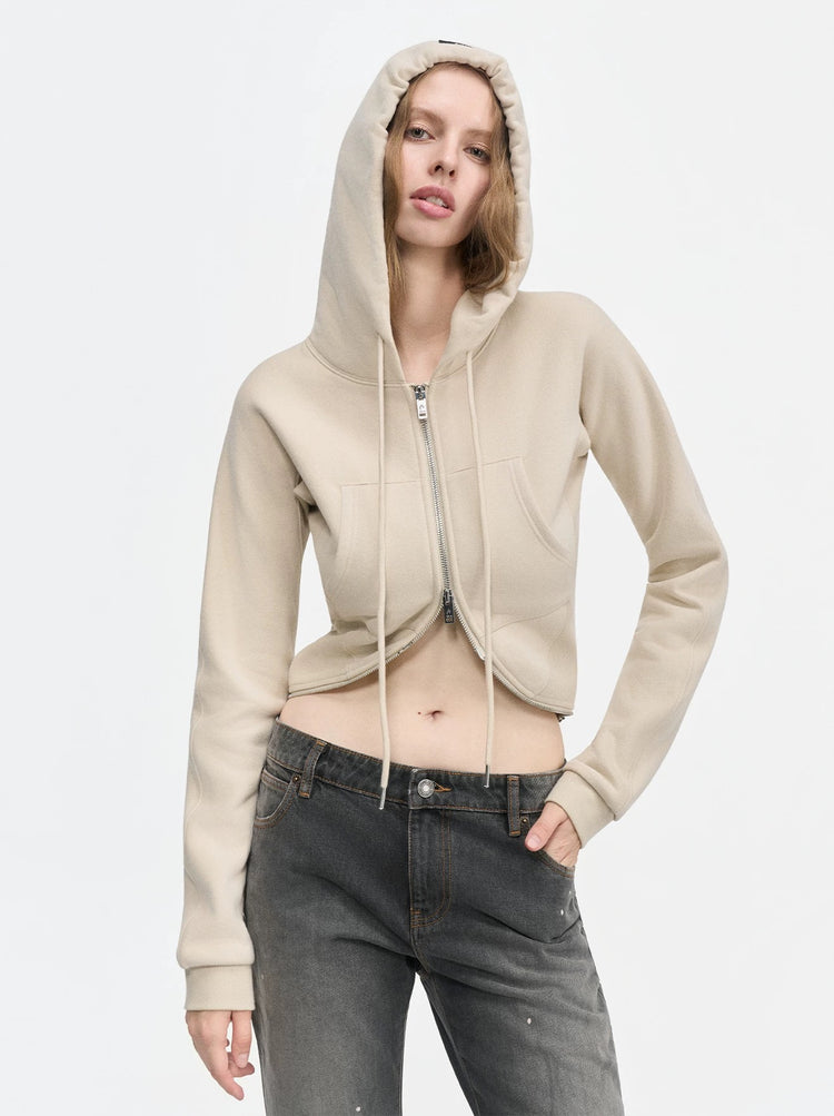 Waist-Cinching Double-Zipper Hooded Sweatshirt