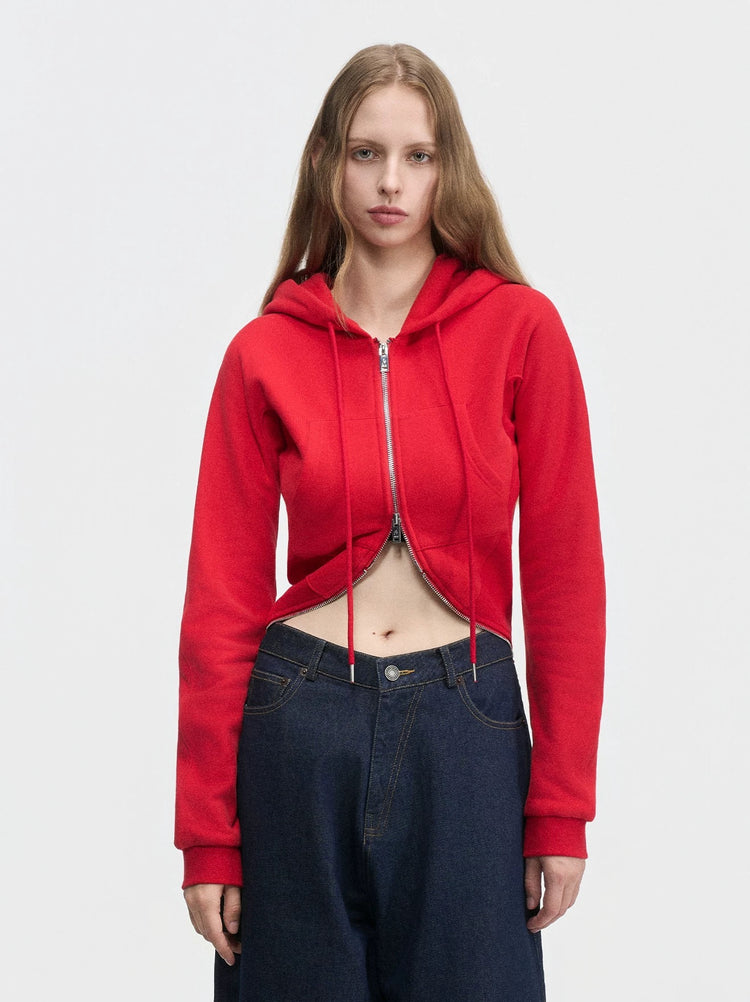 Waist-Cinching Double-Zipper Hooded Sweatshirt