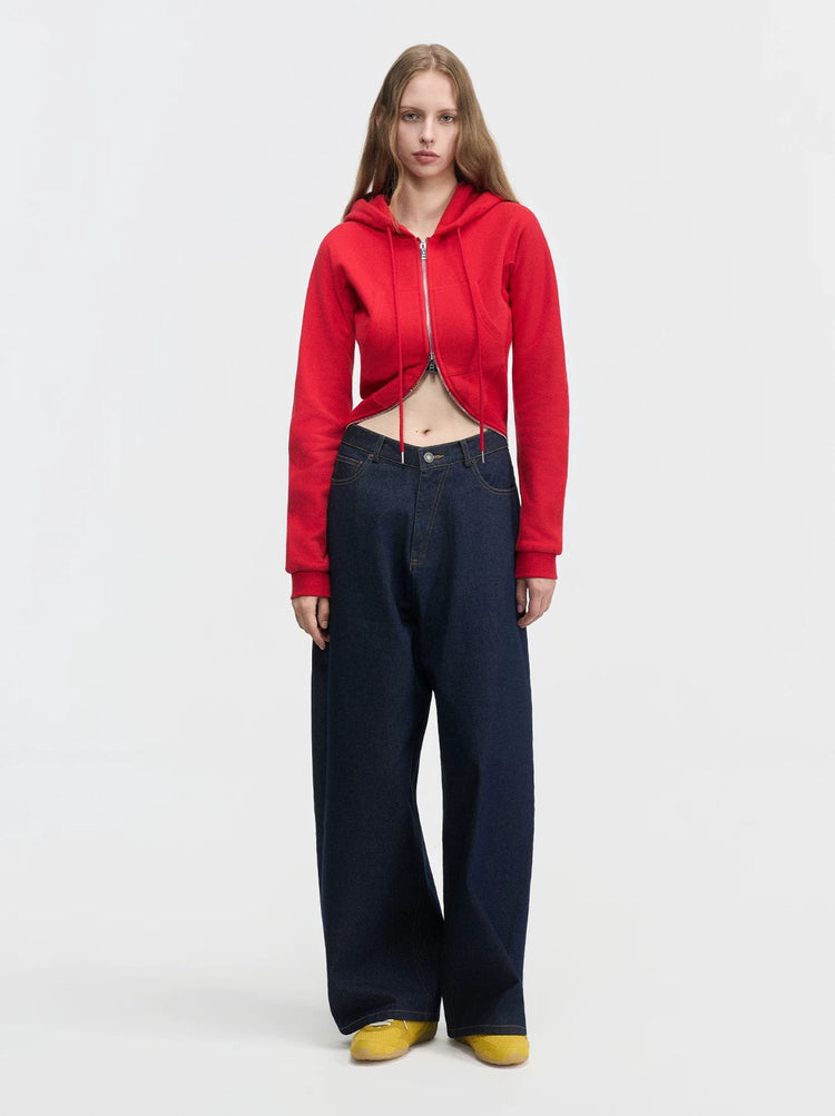 Waist-Cinching Double-Zipper Hooded Sweatshirt