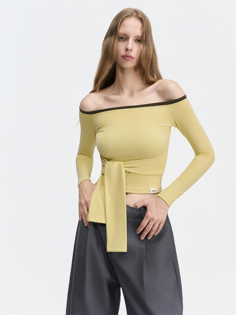 Contrast-Color Off-Shoulder Knotted Waist Fitted Top