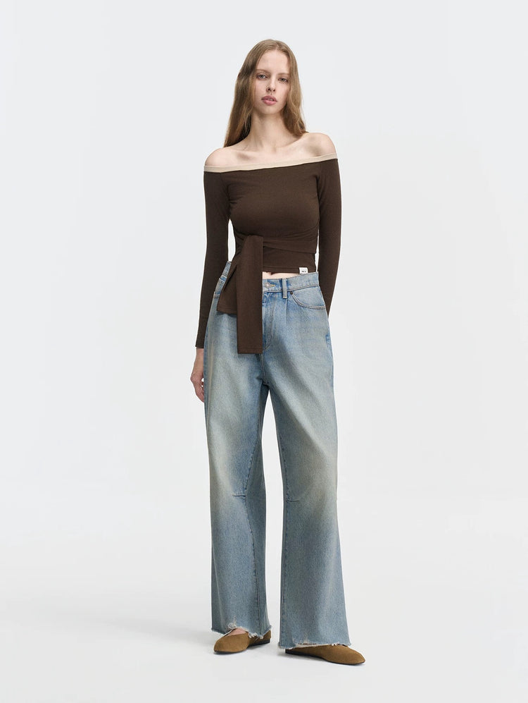 Contrast-Color Off-Shoulder Knotted Waist Fitted Top