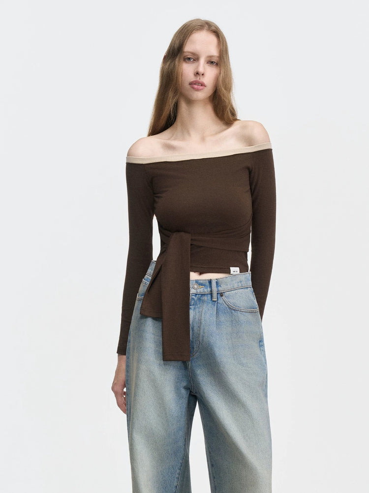Contrast-Color Off-Shoulder Knotted Waist Fitted Top