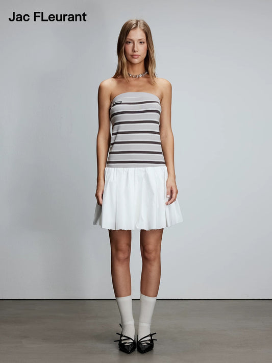 Knitted Patchwork Strapless Striped Pleated Dress