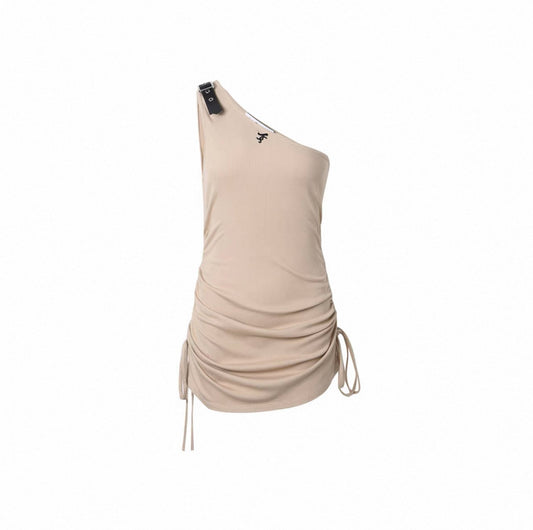Leather Buckle Drawstring One-Shoulder Dress