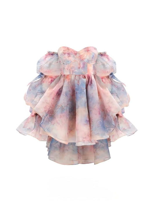 Sunset Rose Lotus-root Sleeve Mini Dress