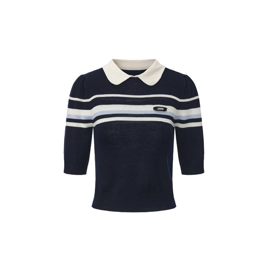 Doll-collar Striped Knit Short-sleeve Top