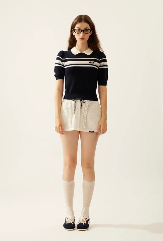 Doll-collar Striped Knit Short-sleeve Top