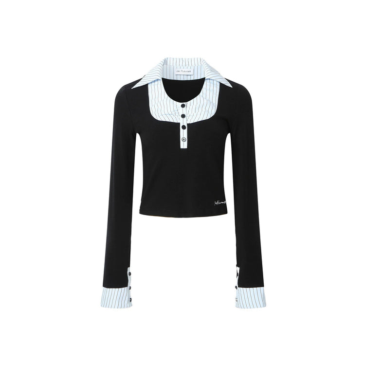 Square-Neck Knit Patchwork Shirt T-Shirt
