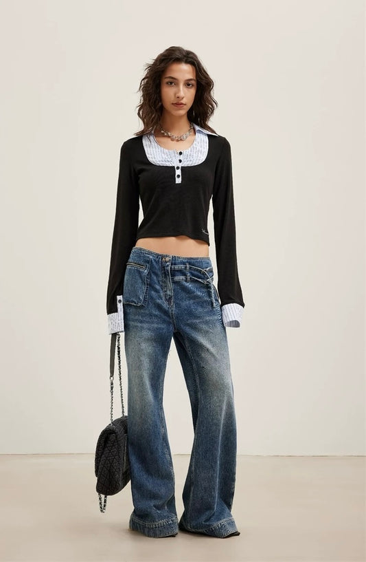 Square-Neck Knit Patchwork Shirt T-Shirt
