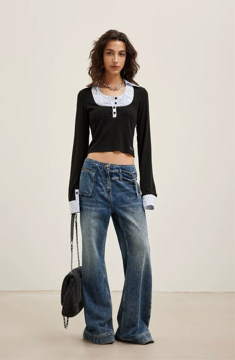 Square-Neck Knit Patchwork Shirt T-Shirt