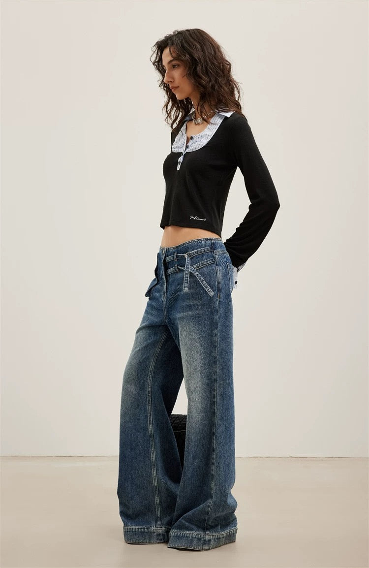 Square-Neck Knit Patchwork Shirt T-Shirt