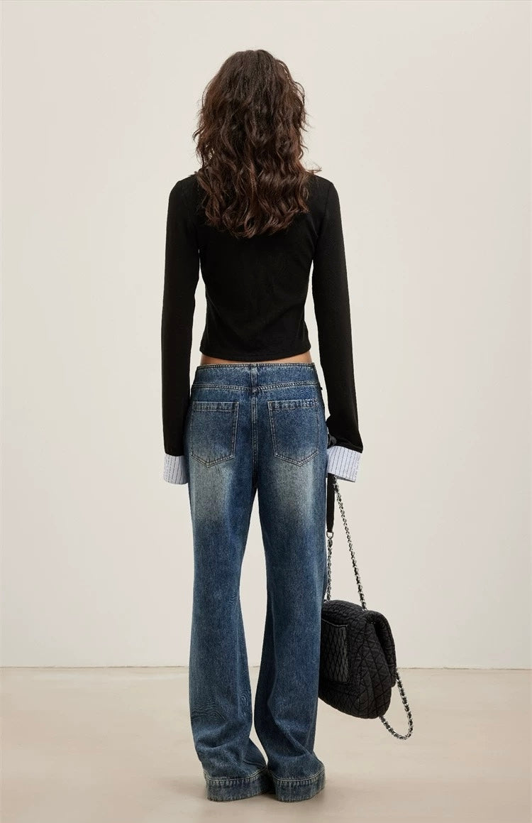 Square-Neck Knit Patchwork Shirt T-Shirt