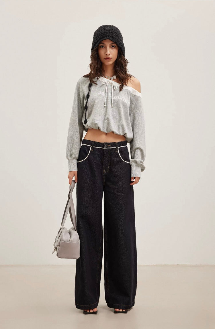 Elastic Off-Shoulder Logo Cropped Sweatshirt