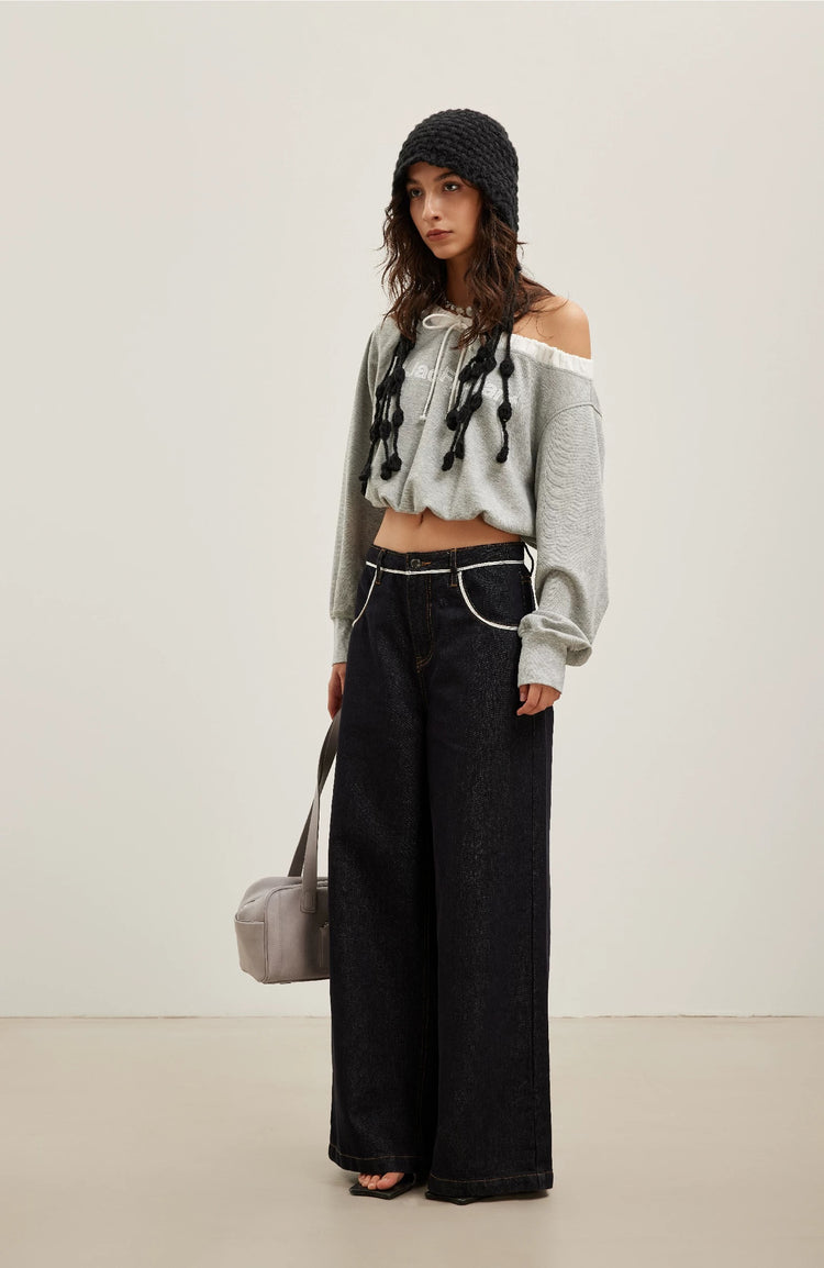Elastic Off-Shoulder Logo Cropped Sweatshirt