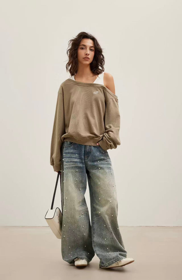Tank-Style Patchwork Off-Shoulder Sweatshirt