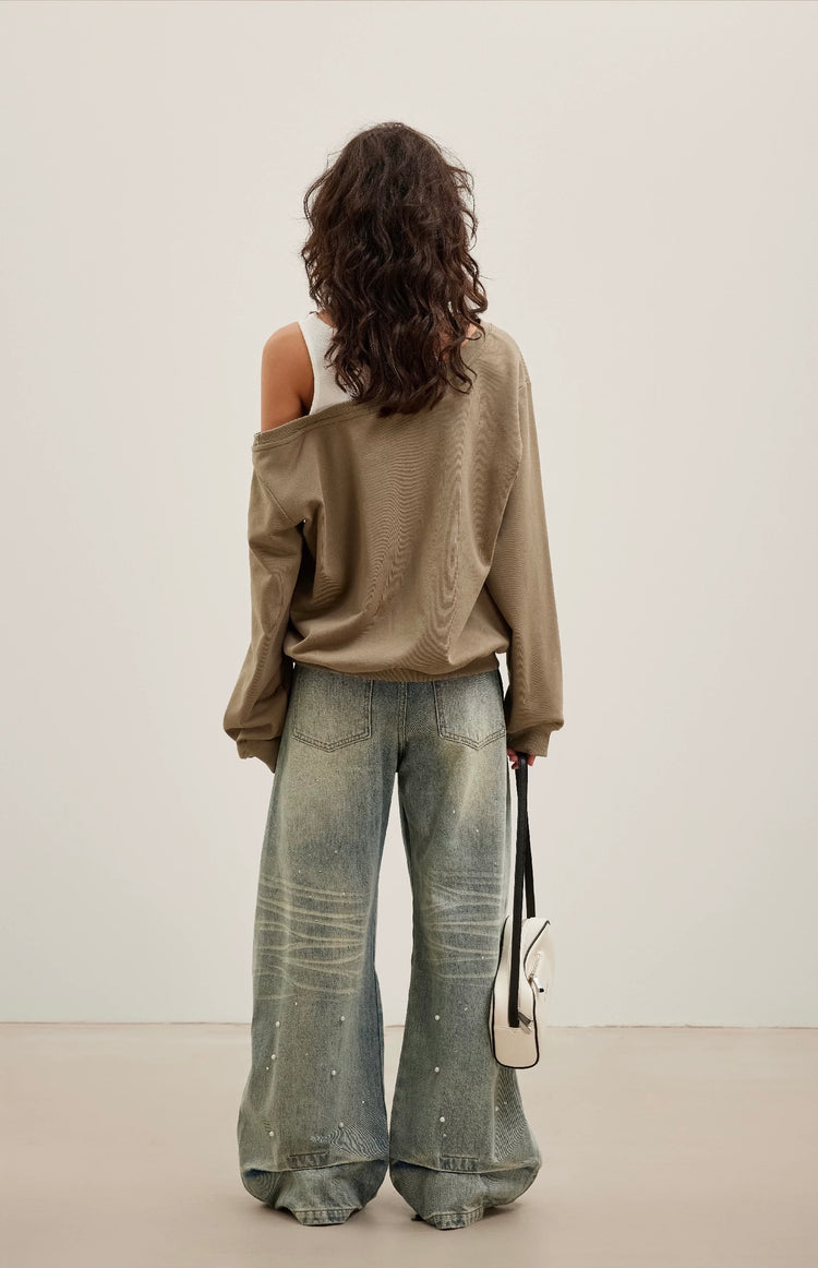 Tank-Style Patchwork Off-Shoulder Sweatshirt