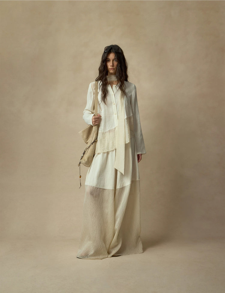 White Ribbon-Accented Paneled Shirt