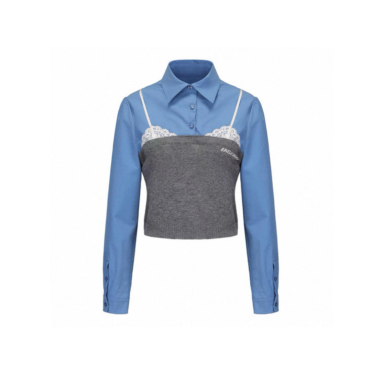 Knit and Woven Panel Lace Shirt