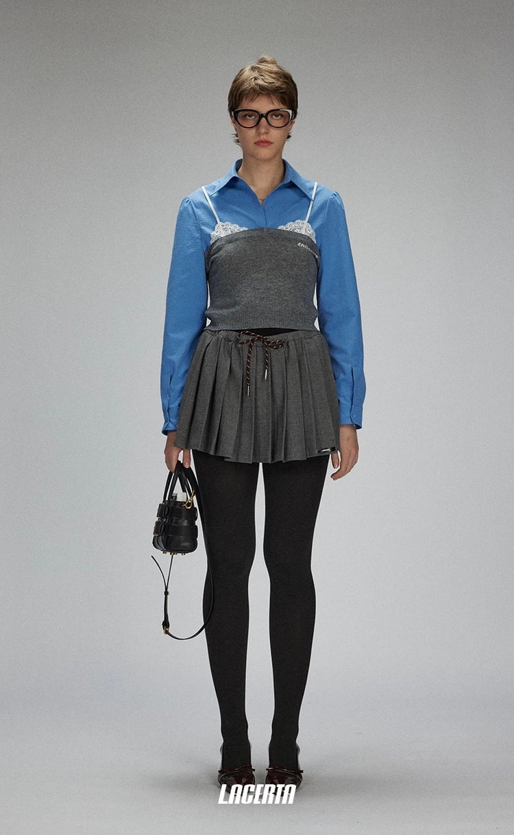 Knit and Woven Panel Lace Shirt