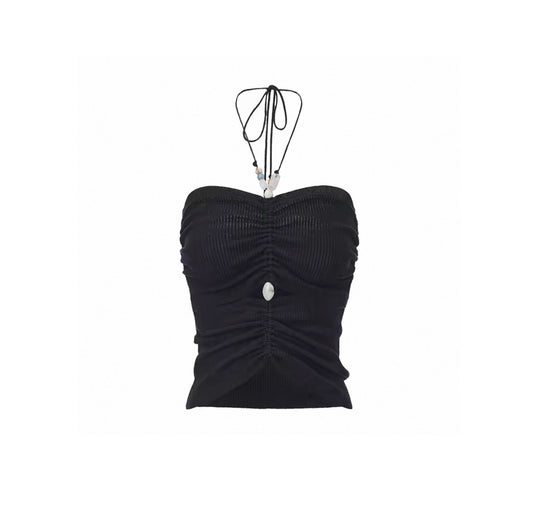 Linen Beaded Tie Halter Bandeau Top
