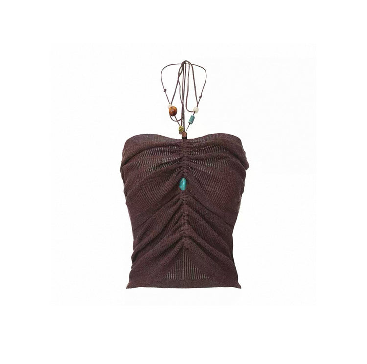 Linen Beaded Tie Halter Bandeau Top