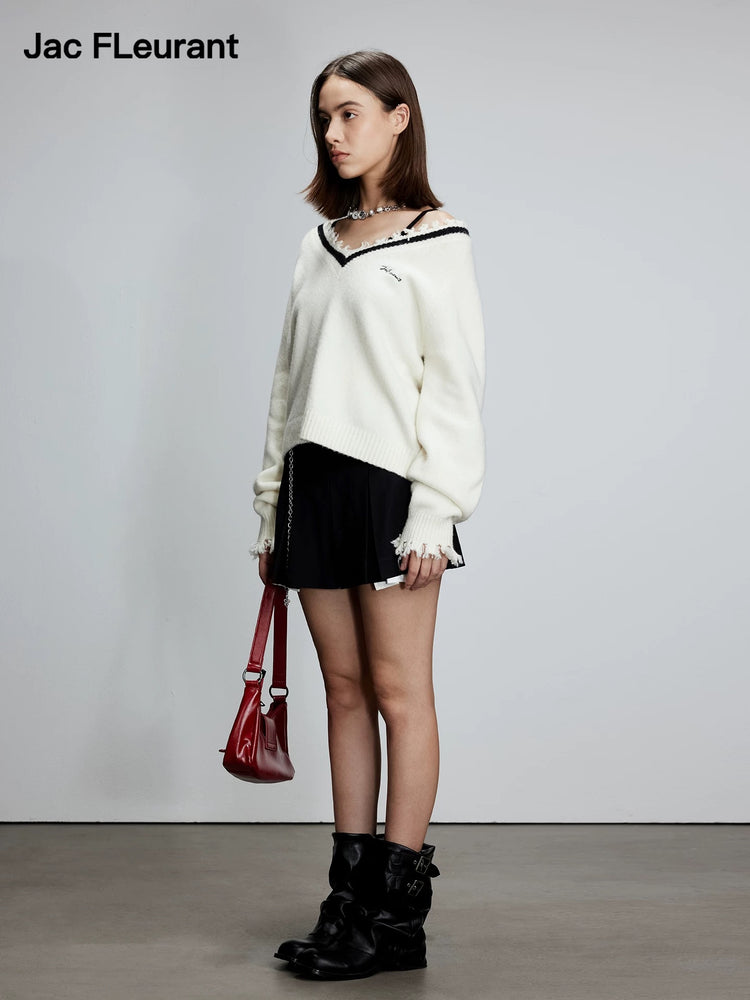 Distressed V-Neck Yak Wool Sweater