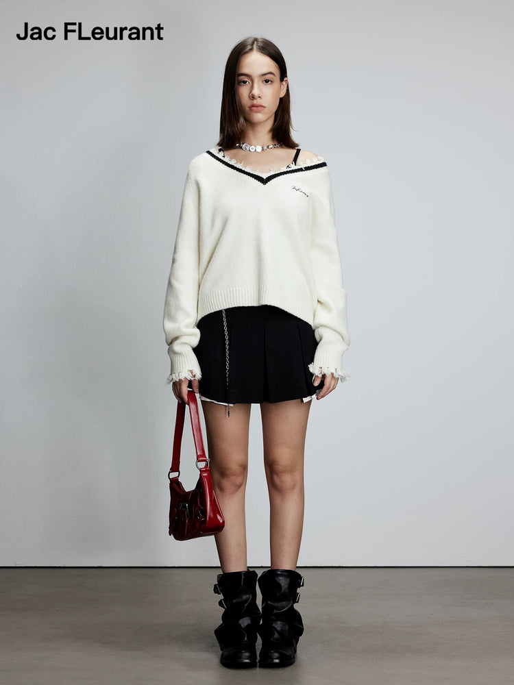 Distressed V-Neck Yak Wool Sweater