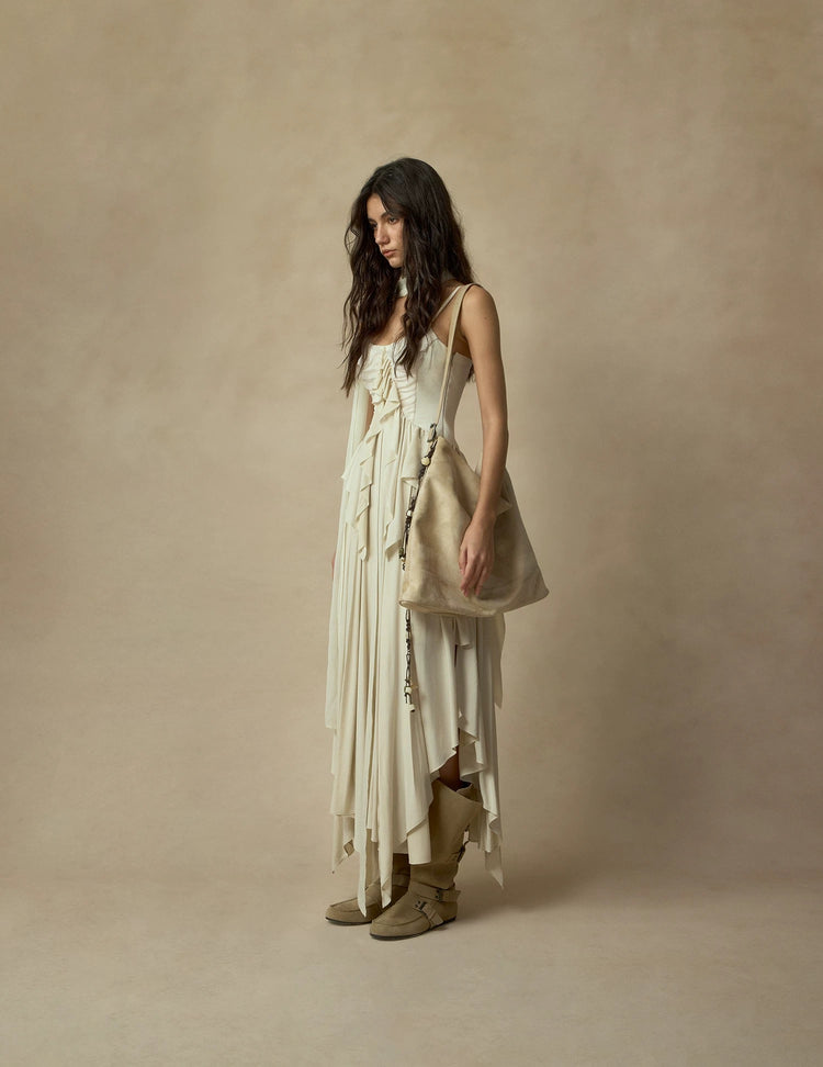 White Shirred Hemline Dress