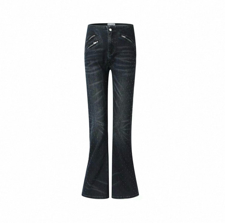 Starry Rhinestone Multi-Zip Flared Jeans