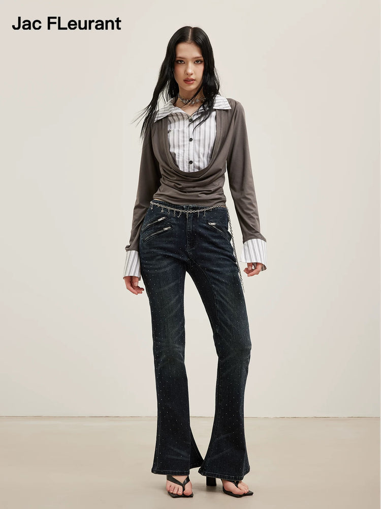 Starry Rhinestone Multi-Zip Flared Jeans