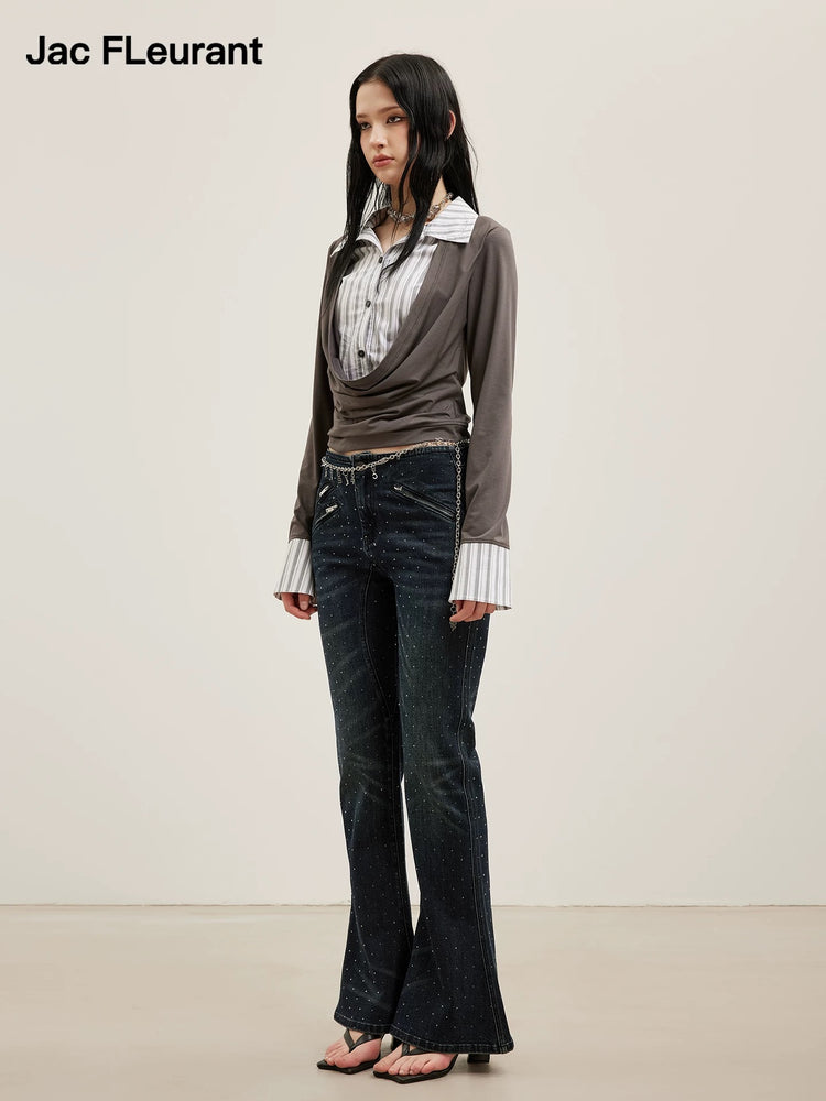 Starry Rhinestone Multi-Zip Flared Jeans