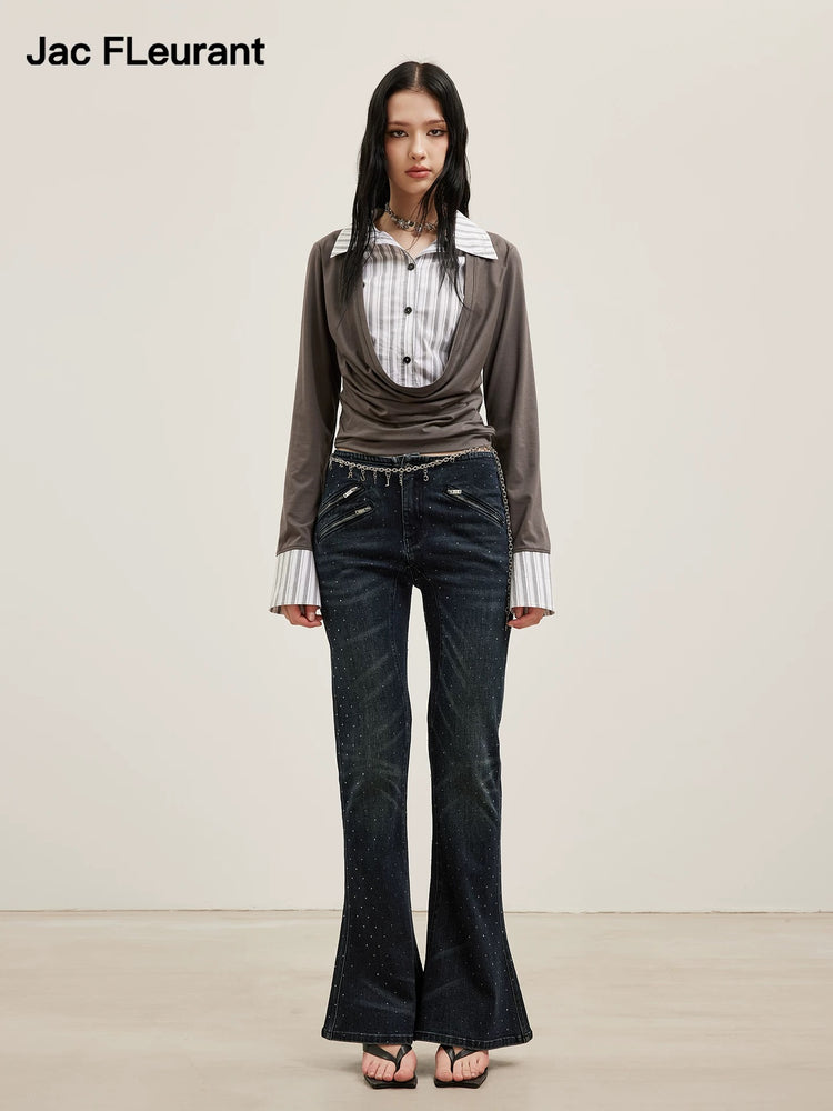 Starry Rhinestone Multi-Zip Flared Jeans