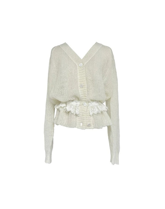 Lace Waist-Detail V-Neck Knit Cardigan