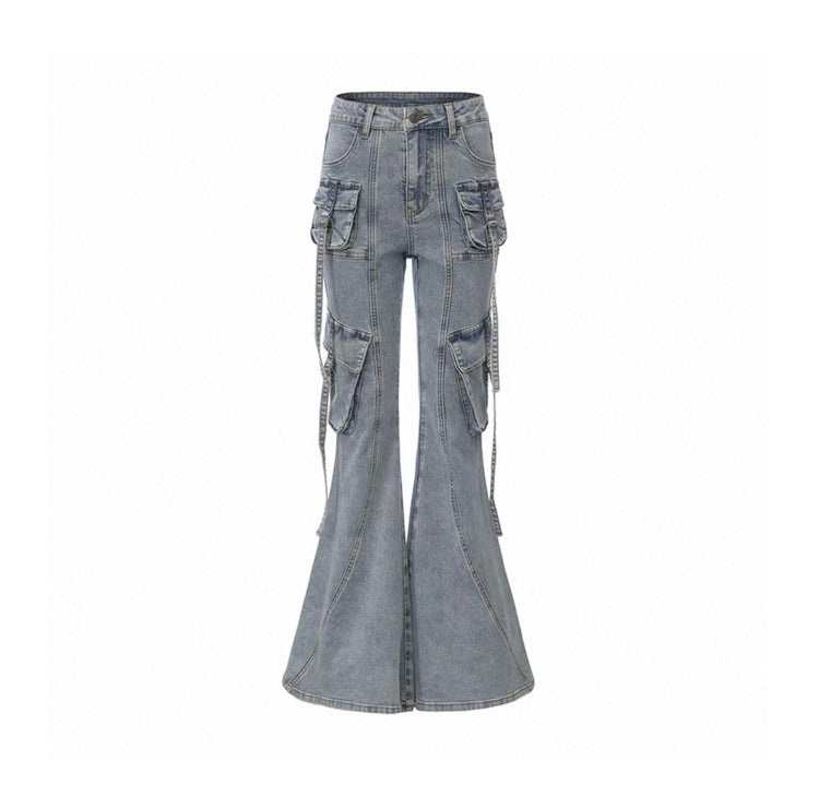 Washed Cargo Pocket Flared Jeans