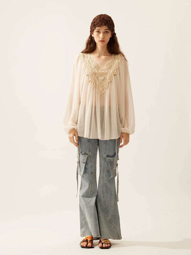 Washed Cargo Pocket Flared Jeans