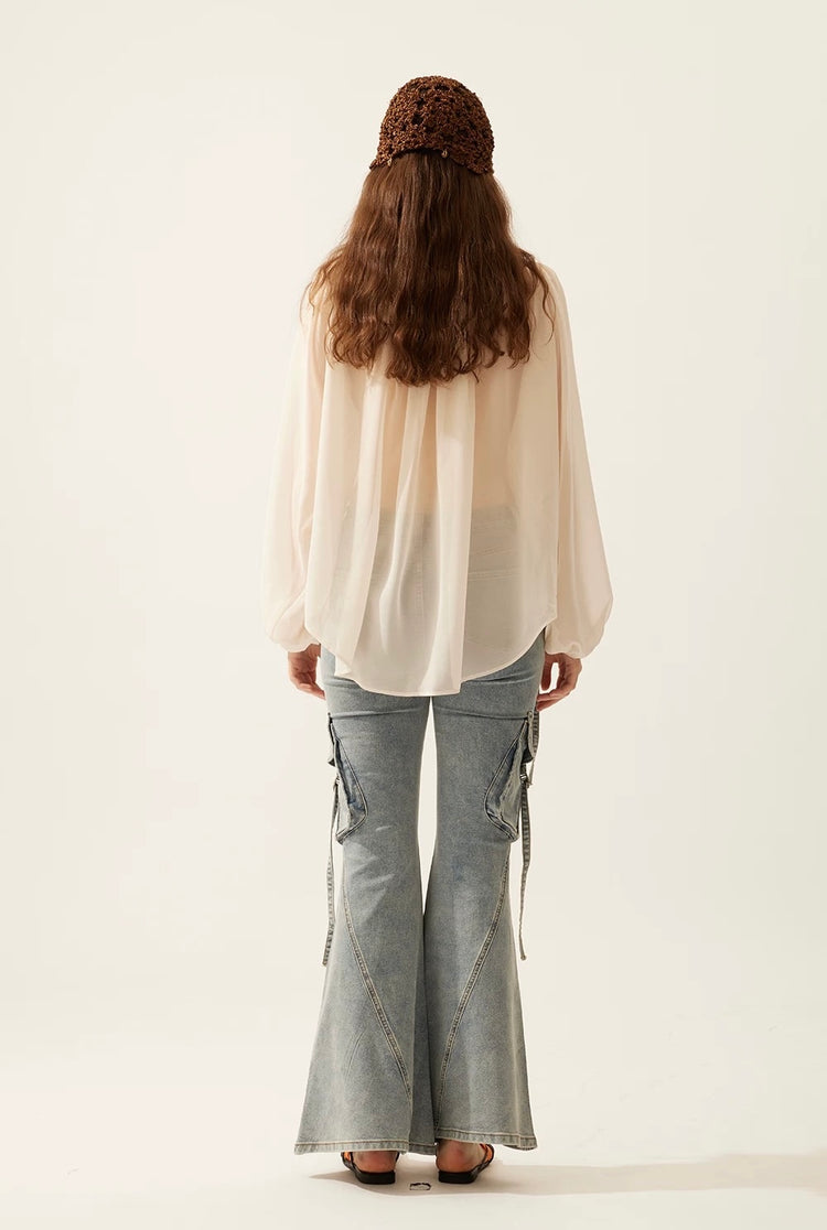 Washed Cargo Pocket Flared Jeans