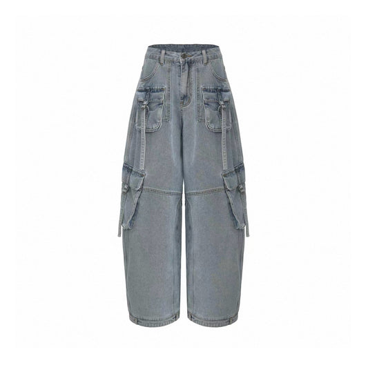 Washed Balloon Wide-Leg Cargo Jeans