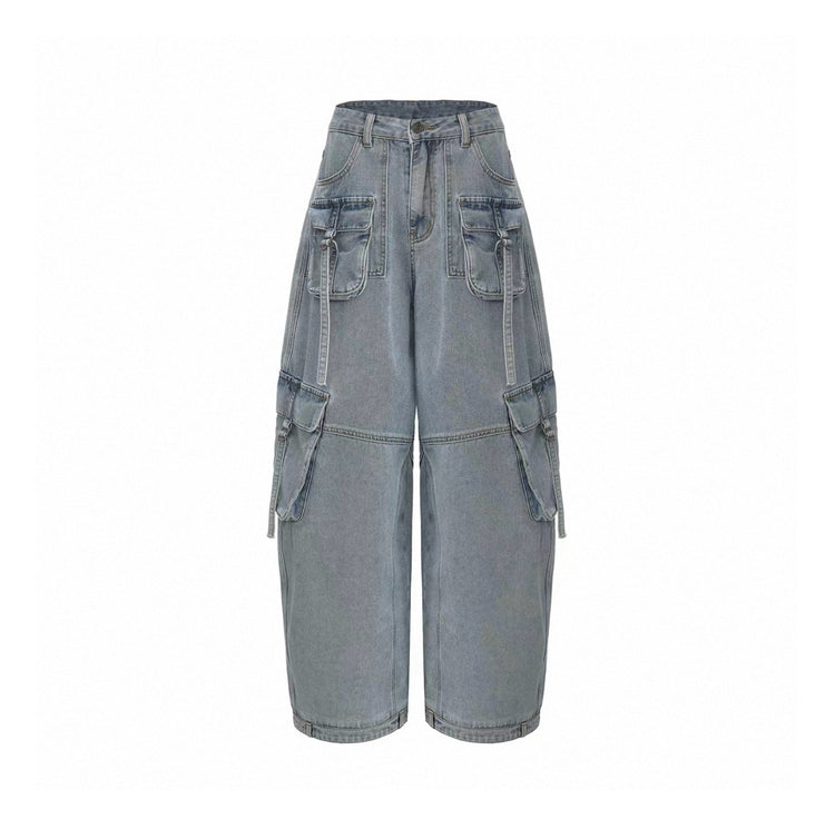 Washed Balloon Wide-Leg Cargo Jeans