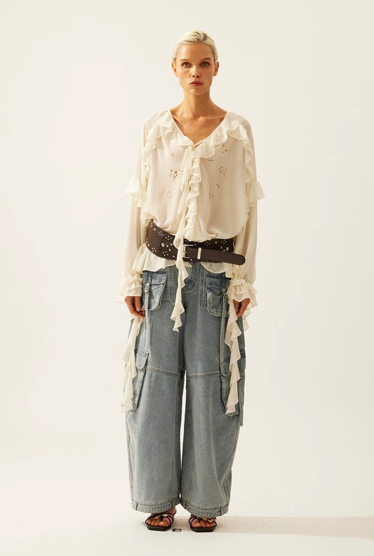 Washed Balloon Wide-Leg Cargo Jeans