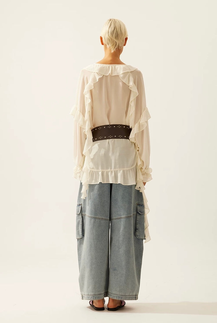 Washed Balloon Wide-Leg Cargo Jeans