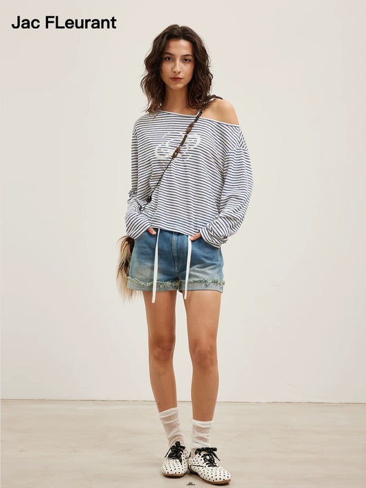Glitter Stripe Off-Shoulder T-Shirt