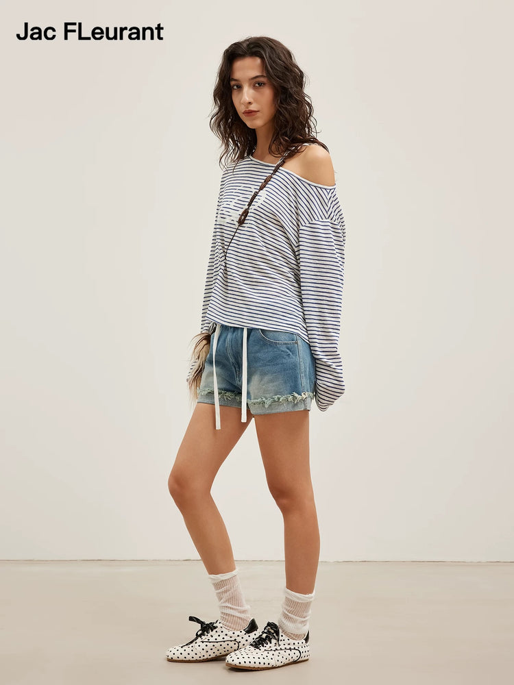 Glitter Stripe Off-Shoulder T-Shirt