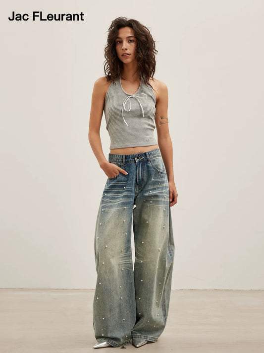 Couture Pearl Rhinestone Wide Leg Jeans